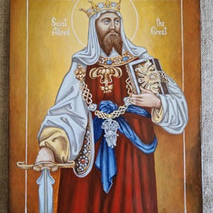 Icoon van Sint Alfred de Grote, 15 * 20 * 2 с. Handgeschilderd.