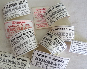 20 Antique Chemist Labels - un-used apothecary bottle labels, gummed back, all different, medicine, poison, journals, collectors, crafting