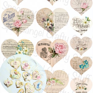 Shabby Chic Heart Kit - Folha de colagem para download digital para impressão, música vintage floral, casamentos, lixo, diário, presentes, scrapbook