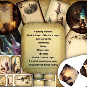 Digital vintage Magical Wizard Junk Journal Kit, 84 articles, pages, poches, étiquettes, coupes difficiles, cartes, albums, invitations de fête