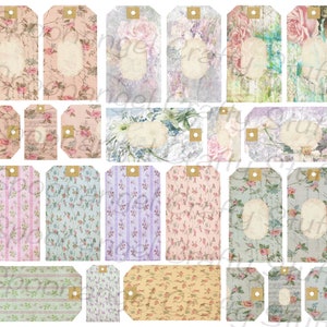 21 Digital Gift Tags, Fronts & backs, Junk Journal Shabby Chic Floral, Butterflies, music, writing, printable, Vintage Wallpaper, Collage