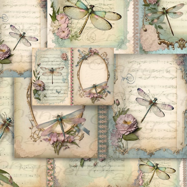 20 Digital Dragonfly Junk Journal Pages, 300dpi, Listo para imprimir, 2 x A5 en 10 hojas A4, Manuscrito vintage shabby chic, páginas de álbumes de recortes