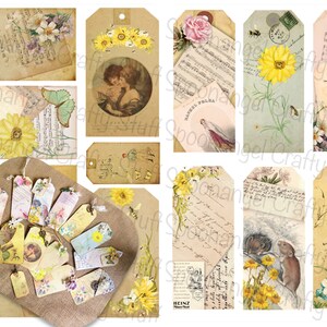 Junk Journal Tags, Shabby Chic Printable, Vintage Ephemera, Digital Collage Tags, Instant Download, includes aged page for tag backs