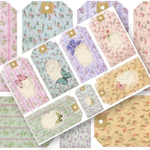 7 Digital Gift Tags, Butterflies Fronts & backs, 300dpi, Junk Journal Shabby Chic Fade flowers vintage wallpaper, printable, Collage Sheet