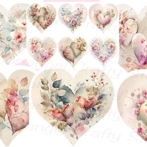 40 Floral Hearts Kit  Valentine, Printable digital download soft pastel colours fussy cuts collage weddings junk journal fillers scrapbook