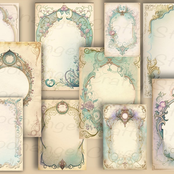 31 Digital Art Nouveau Elegant Journal Pages, Ready to print, A4 A5 A6  Download vintage manuscript Junk journal,  scrapbook pages