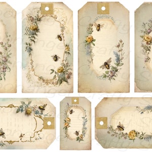 28 Digital Gift Tags, Summer honey bees and flowers, ready to download and print,  Collage scrapbook, journals gift labels - Plus Free File