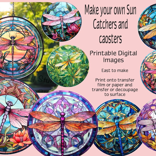 Digital Dragonfly stained glass, 12 circle images, Make your own Sun Catchers, Coasters, cards, journals, scrapbooks, plus mystery freely