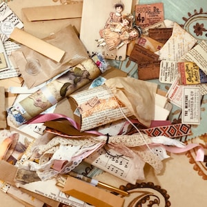 Mystery bundle vintage style Junk Journal scrapbook supplies over 200 items fabrics ephemera vintage paper ribbon lace charms embellishments