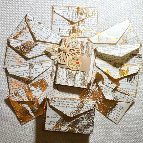 Mini handmade envelopes made from book pages and gilded with gold, 5cm by 7.5cm, ideal for scrapbooking, wedding favours, gifts, card making