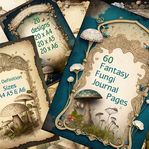 60 Digital Fantasy Toadstool Journal Pages 20 images différentes prêtes à imprimer A4 A5 A6 Card making junk journal kit journal scrapbook fillers