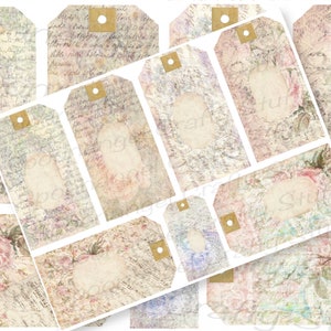7 Digital Gift Tags, Fronts & backs, Junk Journal Shabby Chic Fade flowers vintage French Lace, writing, printable, Gift tags, Collage Sheet
