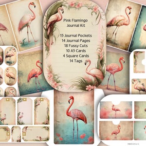 Digital In The Pink Flamingo Junk Journal Kit, 75 articles, pages, poches, étiquettes coupes difficiles, cartes, inserts, albums, journaux indésirables, invites