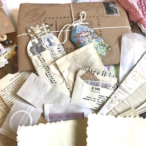 Mystery bundle full of Junk Journal scrapbooking supplies, fabrics, ephemera, vintage paper, ribbons, lace, charms, embellishments