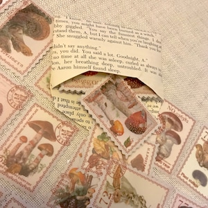 Washi Postage Stamps - Autumnal Mushrooms, Fungi & Toadstools vintage, collage, carterie indésirable, fournitures de scrapbooking journal, 20 autocollants