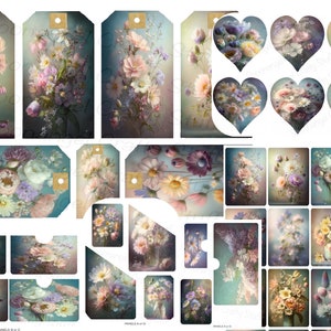Digitales Journal Kit, Pastel Flowers 135 Einsätze, Umschläge, pingelige Schnitte, Taschen, Tags, Herzen, Junk Journal Taschen, Collage, Scrapbooks,