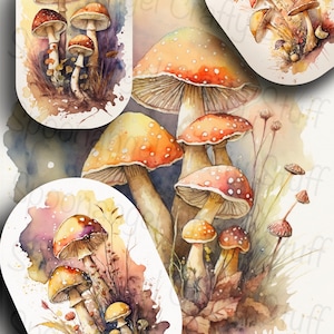 Digital Toadstool watercolour Journal images 32 x A5 images ready to print, Card making, junk journal kits, diary pages  scrapbook fillers