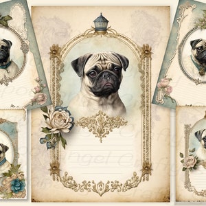 15 Digital Pug Pages, Vintage Shabby Chic style Ready to print, A4 sheets, Junk Journal, Card making, diaries, scrapbook ephemera frame lace