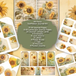 Digital Sunflower Junk Journal Kit, 98 articles, pages, poches, étiquettes coupes difficiles, cartes, inserts, boîtes enveloppes, étiquettes, albums, collage