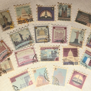 20 große Washi-Briefmarken Weltwahrzeichen - goldene Frankiermarken - vintage retro Aufkleber, Collage, Junk-Journal, Scrapbooking-Zubehör