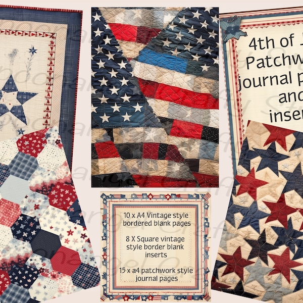 36 Digital 4th of July Independence Day Patchwork Quilt USA Stars Stripes Vintage A4 Square Journal Kit pages printable Download scrapbooks