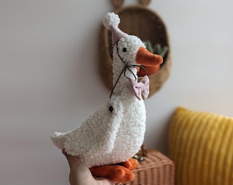 Goose Plush Toy – Handmade Stuffed Animal with Bow Tie, Baby Gift, Soft Nursery Decor