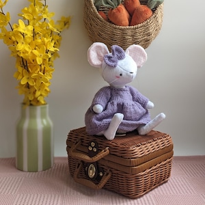 Mouse Plush Toy – Handmade Stuffed Animal with Knit Dress, Baby Shower Gift, Nursery Decor for Girls