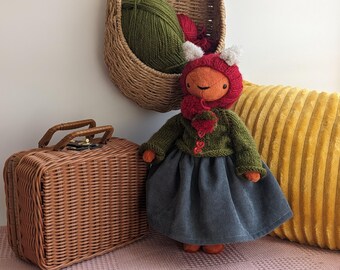 Squirrel Plush Toy – Handmade Stuffed Animal in Knit Outfit, Baby Shower Gift, Woodland Nursery Decor