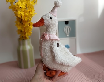 Goose Plush Toy – Handmade Stuffed Animal with Collar, Baby Gift, Soft Nursery Decor