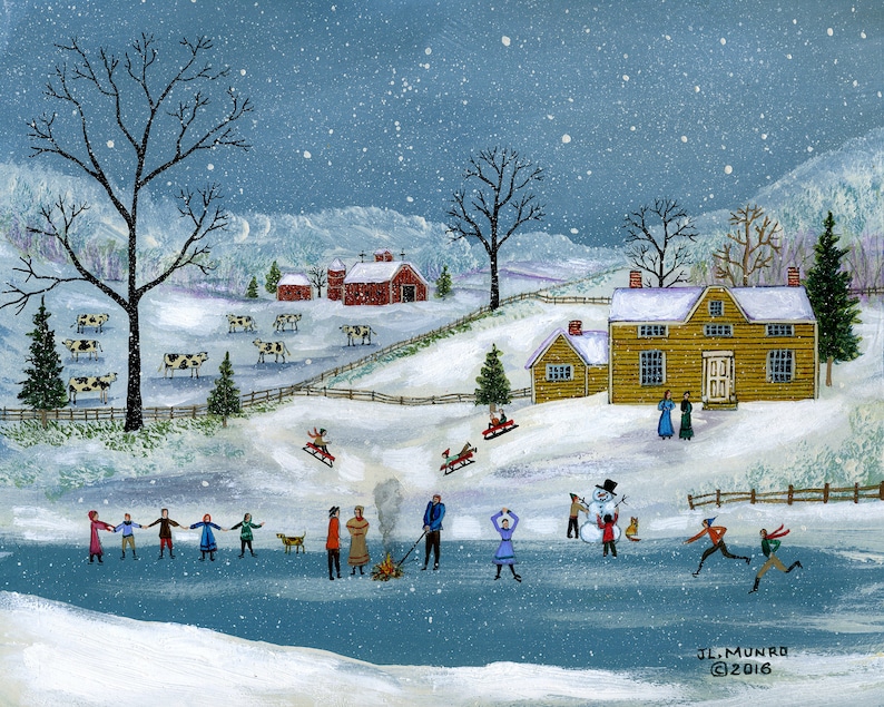 May include: A snowy winter scene with a farmhouse, a pond, and people ice skating. There are cows in the field and a snowman on the ice. The sky is blue with falling snow.