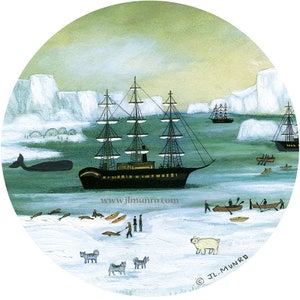 May include: A painting of a ship sailing through a frozen arctic landscape. The ship is black with white sails and is surrounded by icebergs. There are people in small boats and a polar bear on the ice.