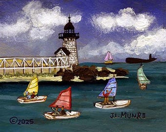 Cat Boats at Brant Point Light, Nantucket - ACEO Original Painting by J.L. Munro