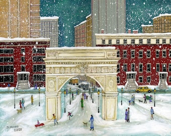 May include: A snowy winter scene in a city with a white archway in the center. People are walking and playing in the snow. There are buildings on either side of the archway, some with red brick facades. The sky is blue and there are snowflakes falling.