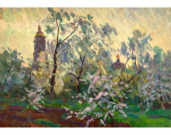 Vintage original oil painting by Ukrainian artist M. Borymchuk, Church Bell Tower, Domes Through Trees, Summer Orchard, Rural Fine Art