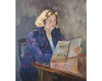 VINTAGE ORIGINAL IMPRESSIONIST oil painting by Ukrainian artist K. Zaruba, Portrait of N. Zaruba's wife, Female portrait, Figurative art