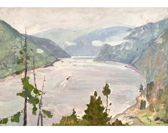 Vintage original oil painting by Ukrainian artist M. Borymchuk, Mountain Lake Bay, River Vista, Pines Shore Art, Summer Nature