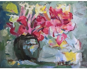 Vintage original impressionist oil painting by Ukrainian artist N.Zaruba Floral still life. Abstract. Pink flowers. Bright flowers in a vase