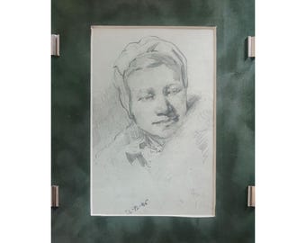 Vintage graphic sketch in passe-partout frame with acrylic Ukrainian artist K.Zaruba 1945 Portrait of a girl Anna Golubova in pencil, sketch