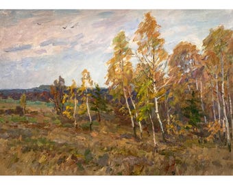 Vintage original oil painting by Ukrainian artist M. Borymchuk, Autumn Birch Trees, Golden Forest Edge, Fall Meadows Art, Countryside View