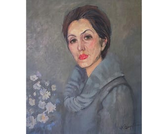 Vintage original oil painting by Ukrainian artist N. Zaruba. Female portrait. Piercing gaze. Figurative art. Art scarlet lips. Old school