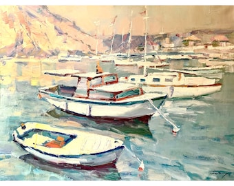 Оriginal oil painting by Ukrainian artist O. Demydenko, Pier with Boats, Summer Seascape, Coastal Tourists, Marine Art, Nautical Art