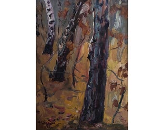 Vintage original painting by Ukrainian artist N. Zaruba. Forest landscape. Rural view. Plein air. Village motif. Birch trees. Autumn trees.