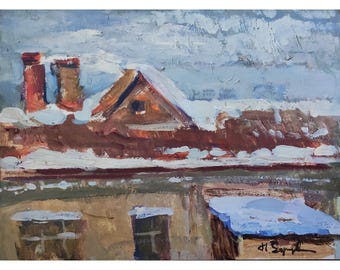 Vintage original oil painting in the Impressionist style by Ukrainian artist N. Zaruba. Winter City. Rural View. Plein Air. Roofs in Snow.