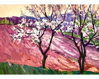 Vintage original oil painting by Ukrainian artist M. Borymchuk, Blooming Trees, Spring Field Art, Orchard Landscape, Rural Blossom Art