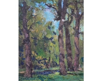 Vintage original oil painting in the Impressionist style by Ukrainian artist V. Korobov. Sunny Clearing Forest. Rural Landscape, Plein Air