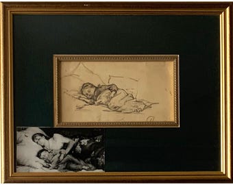 Vintage pencil sketch by Ukrainian artist A. Rusin. Sleeping baby. Sketch of a little boy. Drawing from life. Child's portrait. Sweet Baby