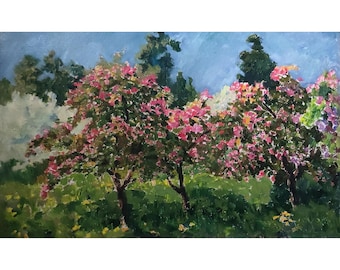 Vintage impressionist oil painting Ukrainian artist О. Solodovnikov. Blooming Garden. Rural Motif. Nature Art. Sunny Day. Harvest. Plein Air