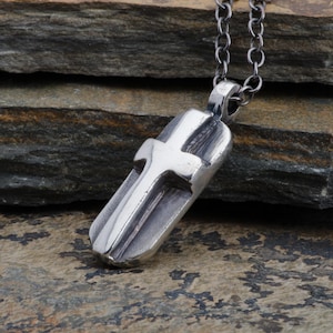 Kreuz ID Tag Anhänger Halskette, poliertes Sterling Silber, handgemachter christlicher religiöser Schmuck, Geschenk für Männer oder Jungen