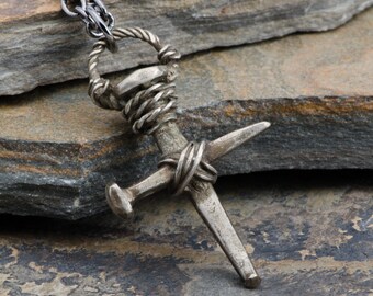 Cross Antique Bronze Nails Necklace, Medieval Pendant, Handmade Christian Jewelry, Gift for Men or Boys