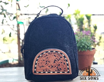 Mochila de cuero negro para mujer, hecha a mano, de terciopelo, bolso para pañales de cuero hecho a mano, estilo western.